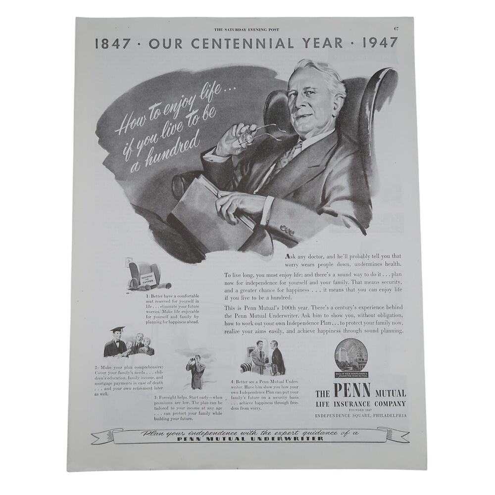 Penn Mutual LIfe Insurance Magazine Advertisement 1947 Black & White Vintage